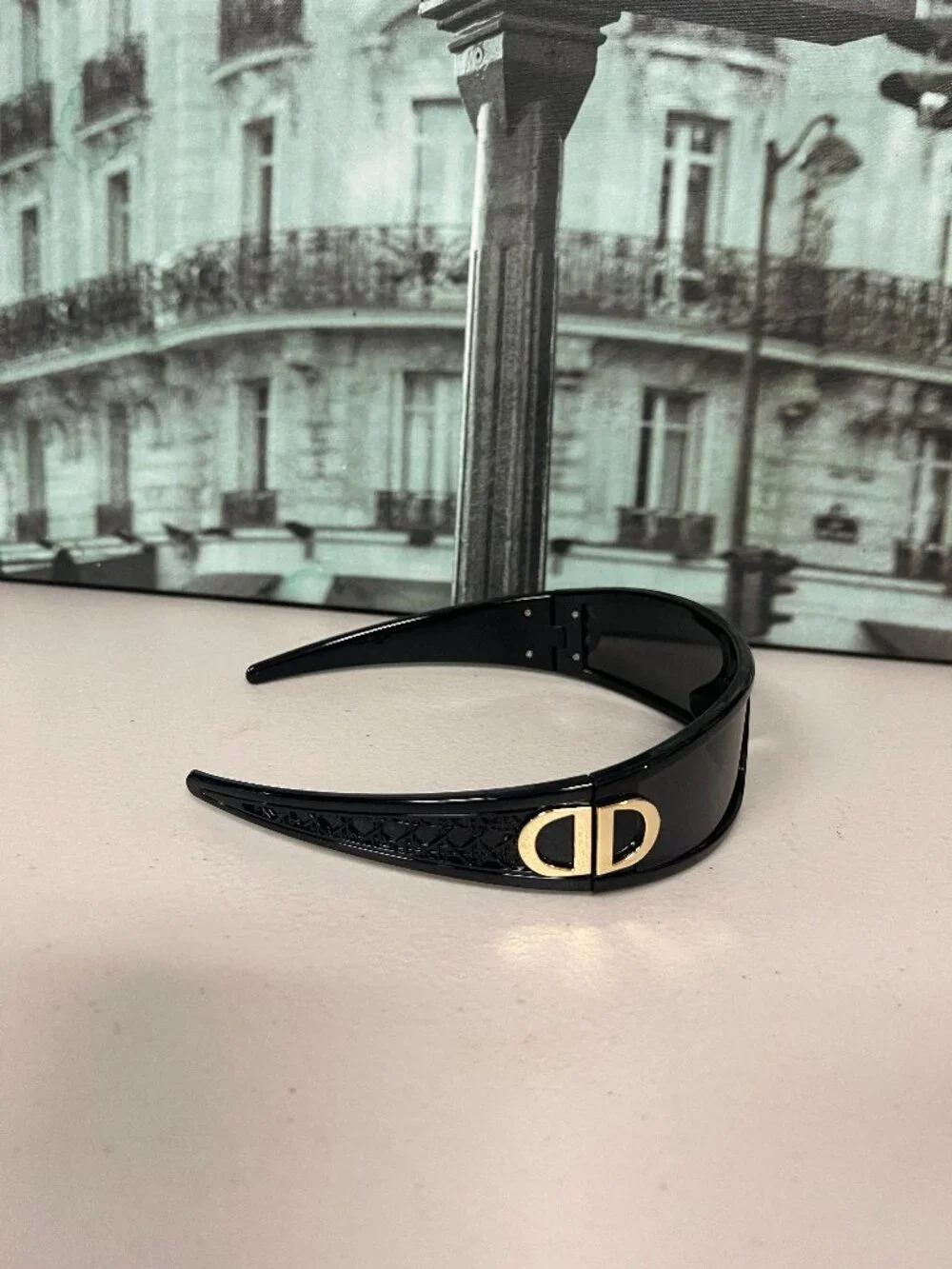 Y2K Wrap Around Headband Sunglasses Unisex Black PC Shades Gold CD Logo Buckle